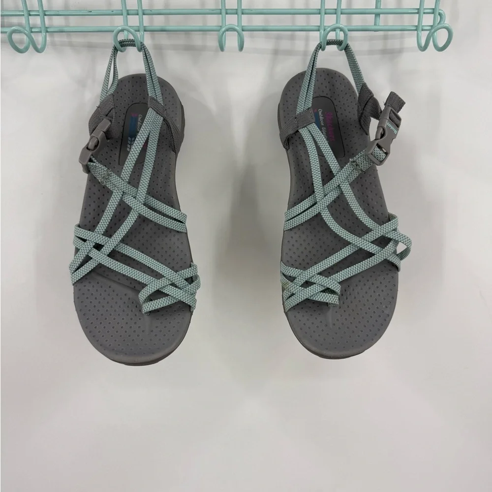 Skechers Women's Reggae - Irie athletic sandals in the Gray/Aqua colorway 10